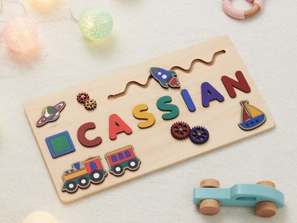 Wooden Name Puzzle for Children | Custom Name Puzzle Toy | Unique Educational Gift-Rainbow Rocket - Image 3