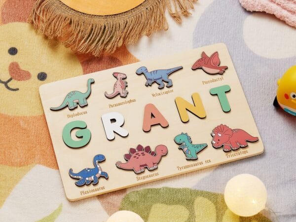 Personalised Wooden Baby Name Puzzle - Dinosaur - Image 3