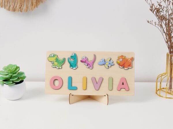 Personalized Wooden Baby Name Puzzle-Name puzzle for toddlers-Dinosaur 2 - Image 4