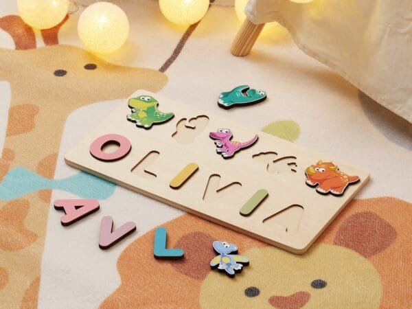 Personalized Wooden Baby Name Puzzle-Name puzzle for toddlers-Dinosaur 2 - Image 3