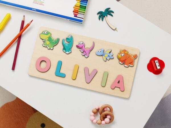 Personalized Wooden Baby Name Puzzle-Name puzzle for toddlers-Dinosaur 2 - Image 2