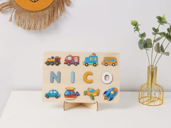 Personalized Wooden Baby Name Puzzle-Custom name puzzle for kids-Car Series 2 - Image 5