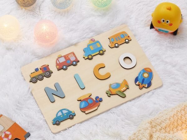 Personalized Wooden Baby Name Puzzle-Custom name puzzle for kids-Car Series 2 - Image 3