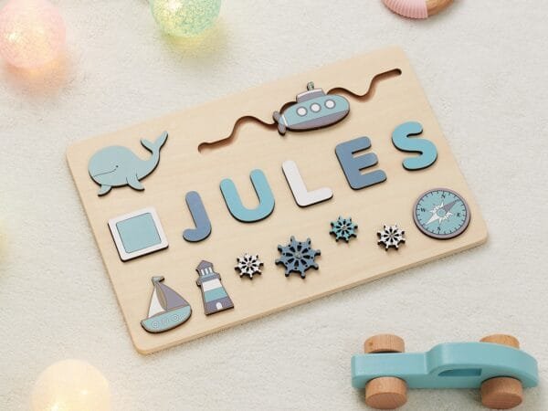 Personalized Wooden Baby Name Puzzle-Name puzzles for children-Submarine - Image 3