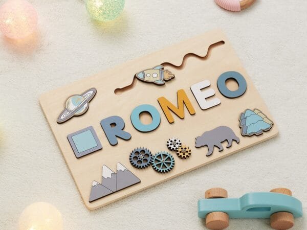 Personalized Wooden Baby Name Puzzle-Custom name puzzle for kids-Space - Image 3