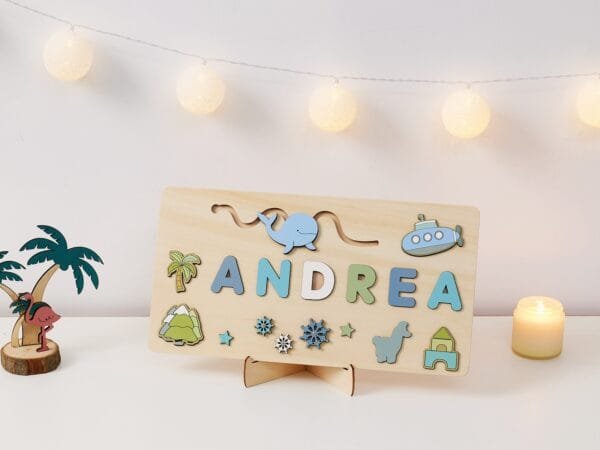 Personalized Wooden Baby Name Puzzle-Custom name toy-Blue Whale - Image 5