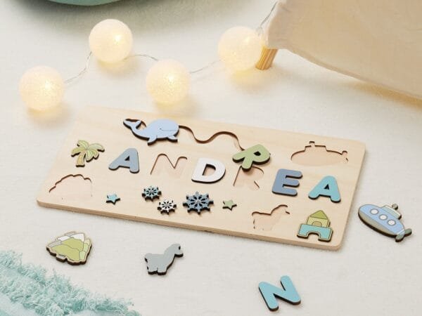 Personalized Wooden Baby Name Puzzle-Custom name toy-Blue Whale - Image 4