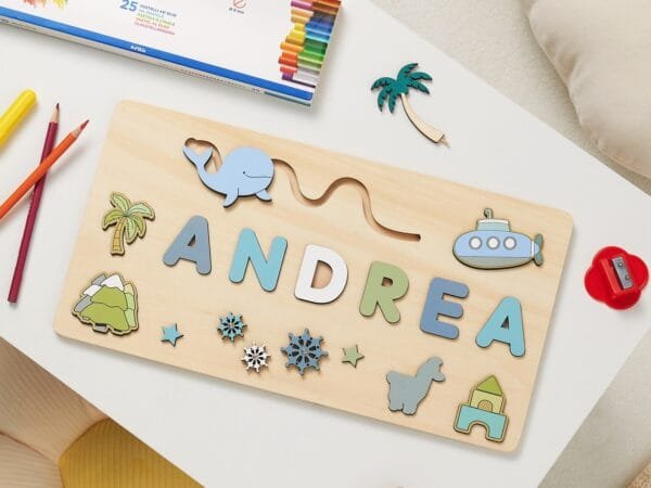 Personalized Wooden Baby Name Puzzle-Custom name toy-Blue Whale - Image 2