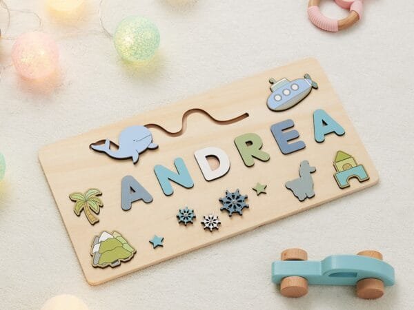 Personalized Wooden Baby Name Puzzle-Custom name toy-Blue Whale - Image 3