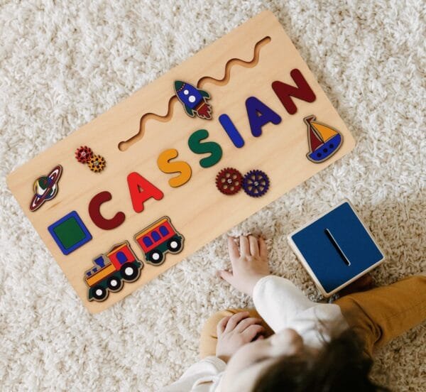 Wooden Name Puzzle for Children | Custom Name Puzzle Toy | Unique Educational Gift-Rainbow Rocket