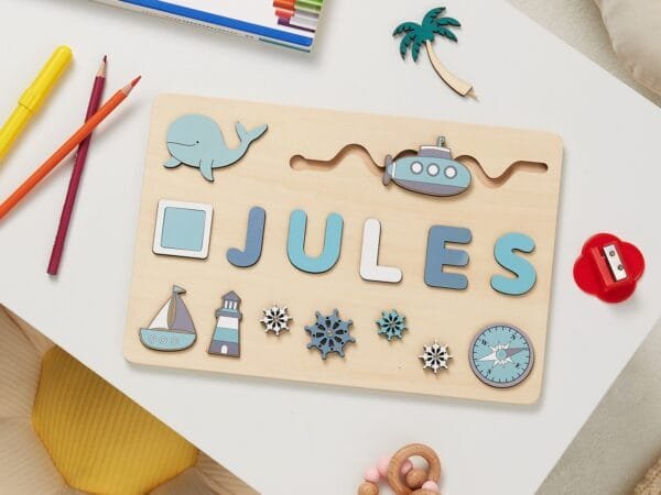 Personalized Wooden Baby Name Puzzle-Name puzzles for children-Submarine - Image 2